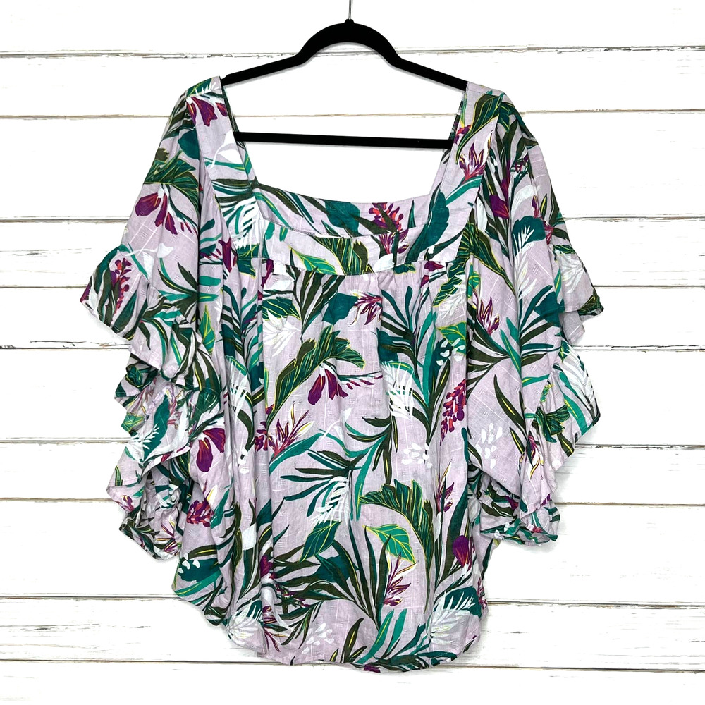 Terra & Sky Purple Tropical Ruffle Sleeve Blouse Size 4X